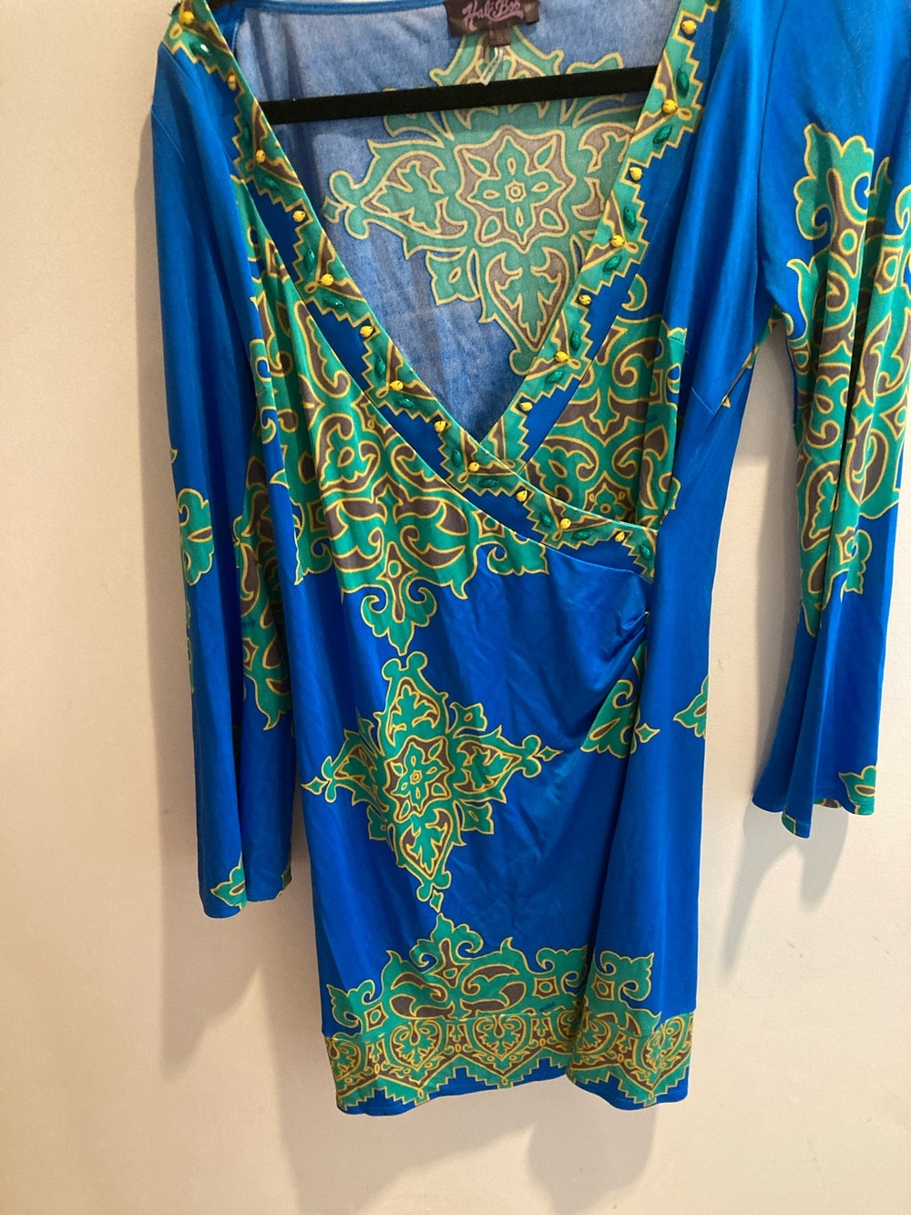 SILK Vibrant Blue & Green Printed Wrap Dress 100% Silk gorgeous!